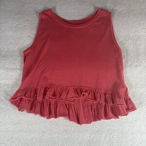 Free People We the Free Red/Rouge Cotton Boxy Ellie Ruffle‎ Hem Tank Size Small